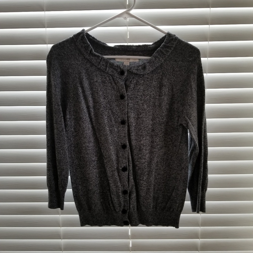 Loft Gray Cardigan Ruffled Neck - Picture 3 of 3